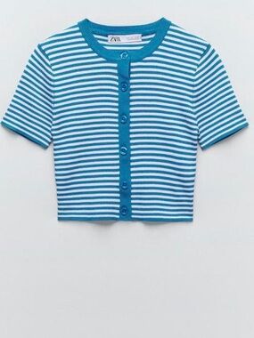 Zara Blue and White Striped Cropped Button-Up Top